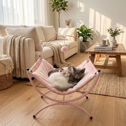 hamac à chat sur pieds rose avec chats dormant