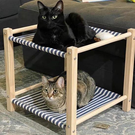 hamac chat a etage rayures bleu marine avec chats 