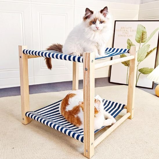 hamac chat en bois rayures bleu marine avec chats 