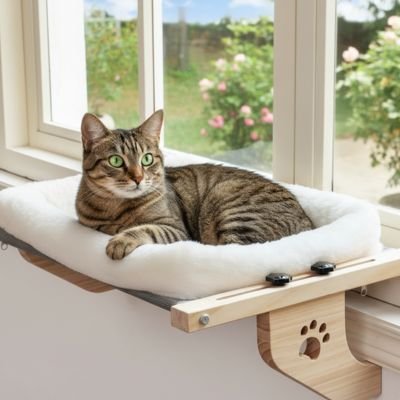 hamac chat fenetre coussin blanc avec chat allonge