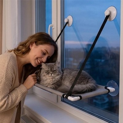 hamac chat fenetre gris sangle humain souriant chat 