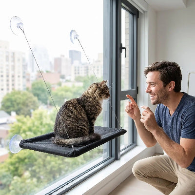 hamac chat fenêtre noir chat humain jouant 
