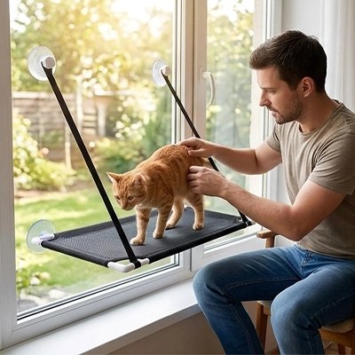 hamac chat fenetre noir sangle humain chat caresse