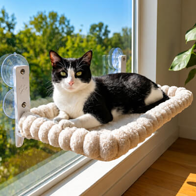 hamac chat fenêtre rectangle blanc doux chat allongé 