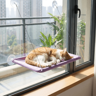 hamac chat fenêtre violet chat endormi vue balcon 