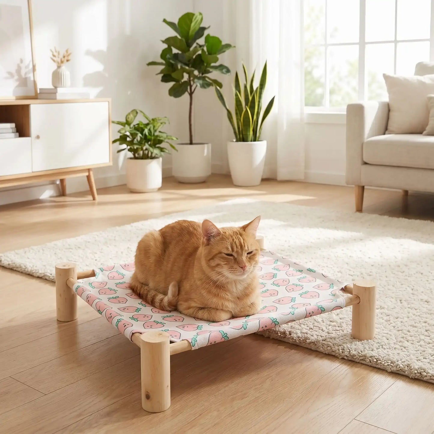 hamac chat lit bois sur pieds avec chat pause brioche