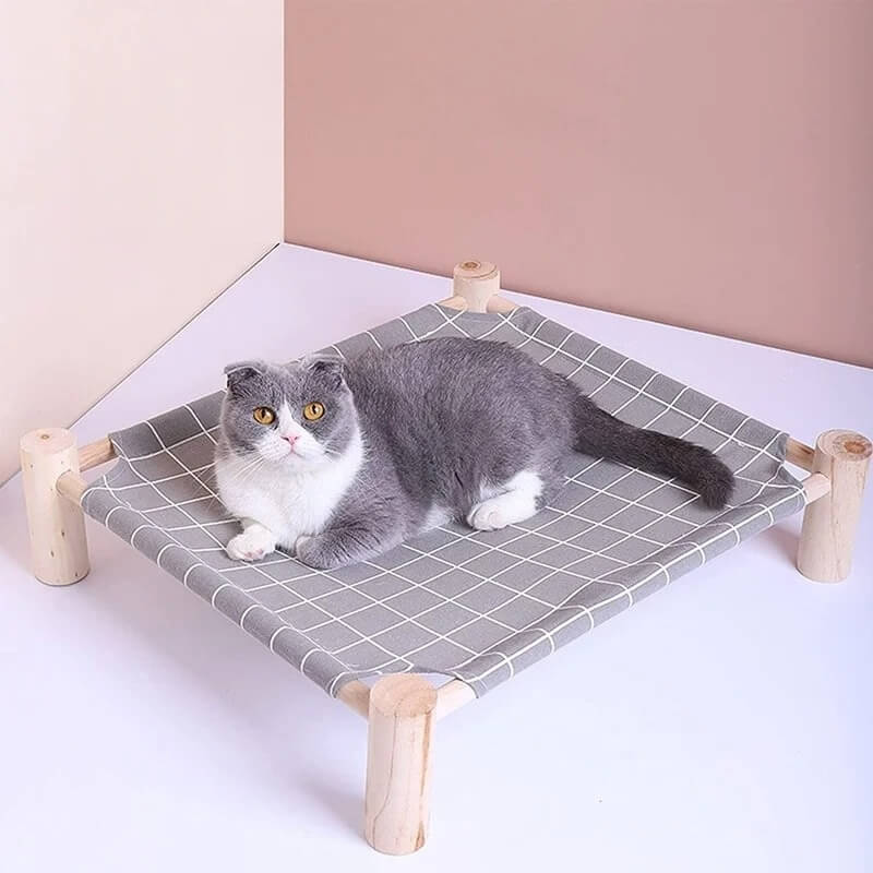 hamac chat lit bois sur pieds avec chat 