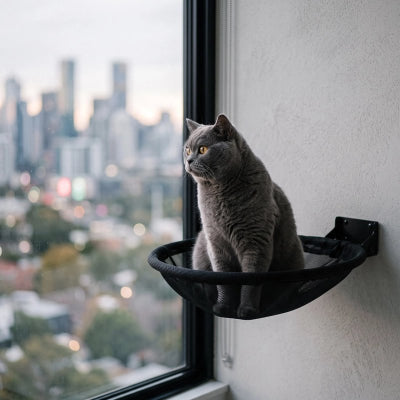 hamac chat mural noir rond chat gris assis 