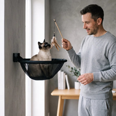 hamac chat mural noir rond homme jouant avec chat