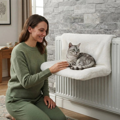 hamac chat radiateur blanc femme caressant chat 