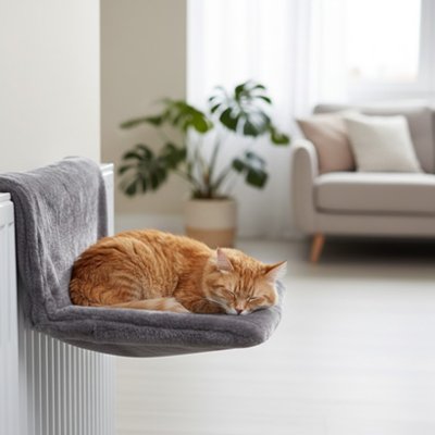 hamac chat radiateur gris avec chat endormi