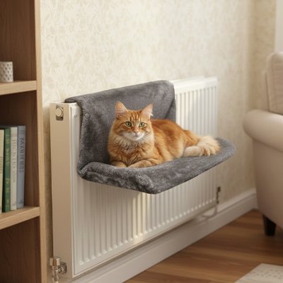 hamac chat radiateur gris avec chat roux 