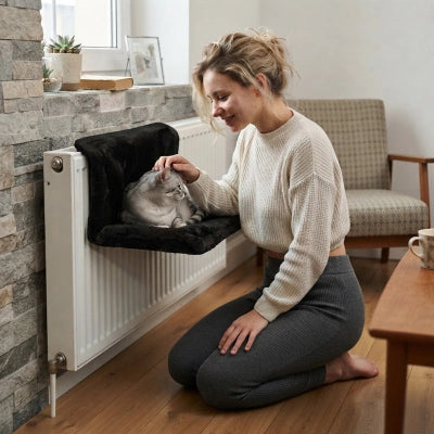 hamac chat radiateur noir femme caressant chat 