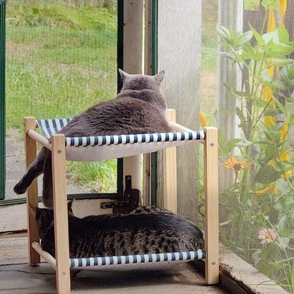 hamac chat rayures bleu marine avec chats tranquilles