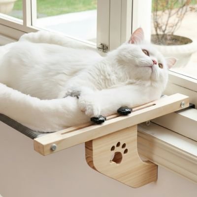 hamac de fenêtre pour chat coussin blanc avec chat detendu
