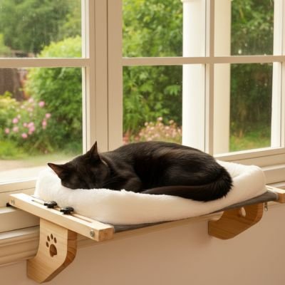 hamac de fenêtre pour chat coussin blanc avec chat endormi