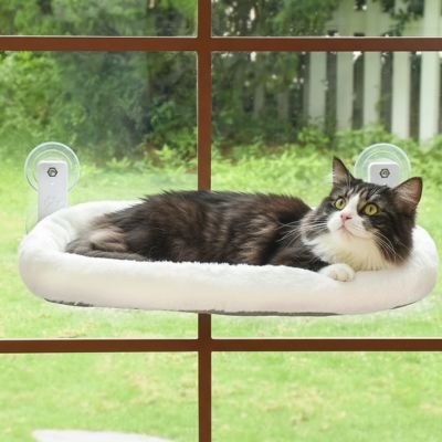 hamac de fenêtre pour chat housse peluche blanche avec chat allonge