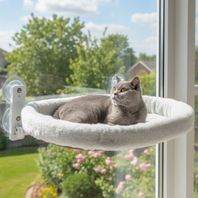 hamac de fenêtre pour chat housse peluche grise avec chat 