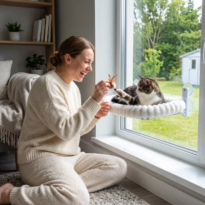 hamac fenêtre chat blanc femme jouant avec chat