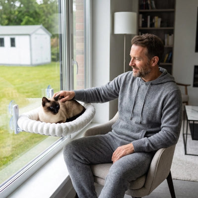 hamac fenêtre chat blanc homme caressant chat 