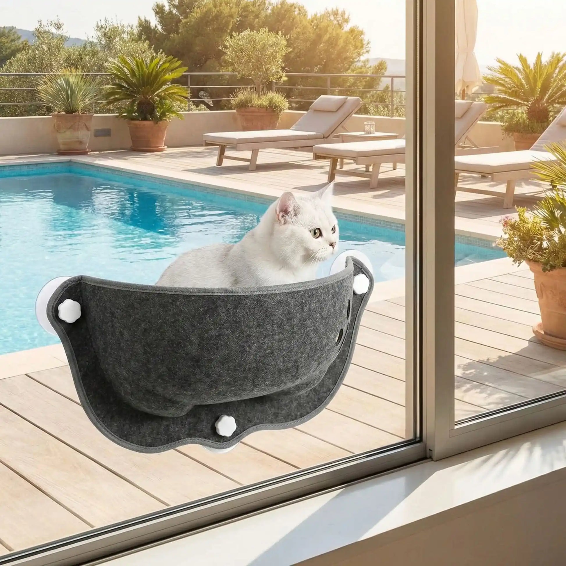 hamac fenêtre chat feutrine gris avec chat blanc