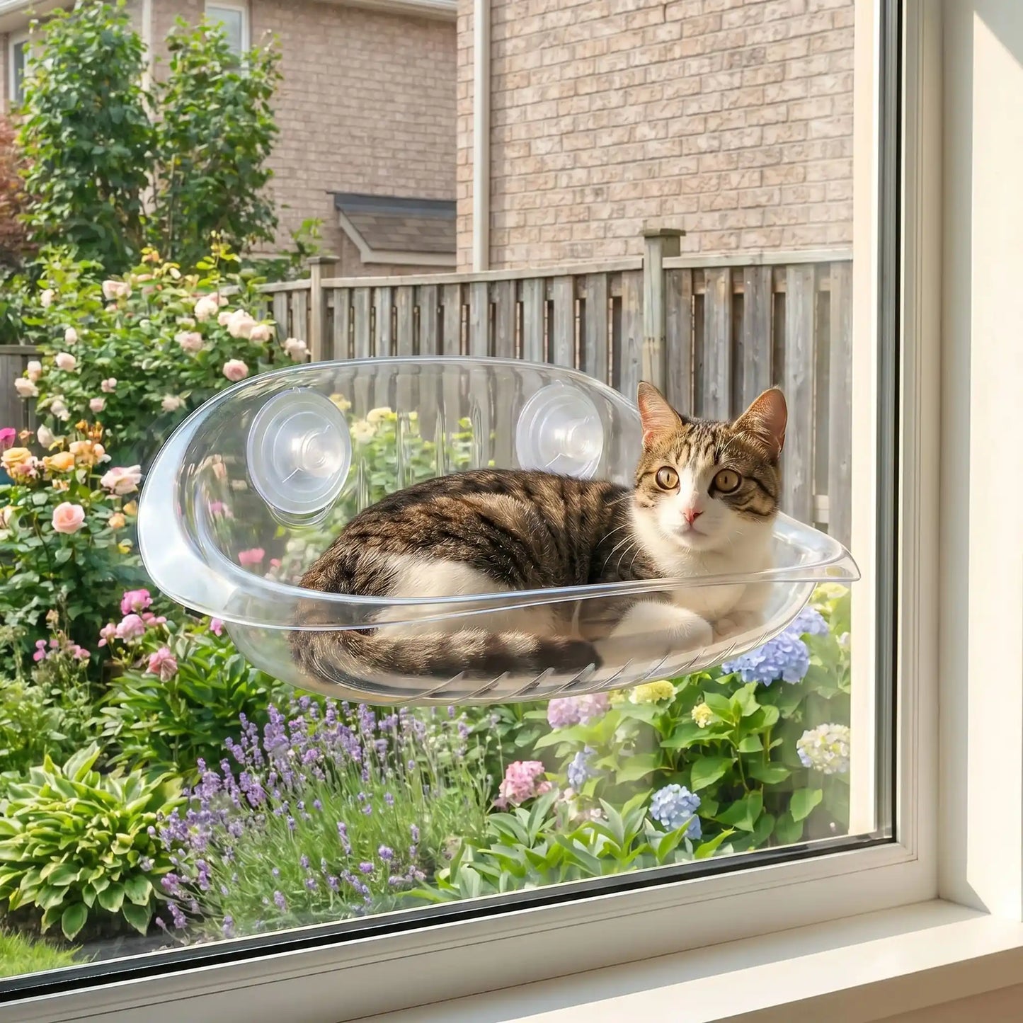hamac fenêtre chat transparent avec chat curieux jardin 