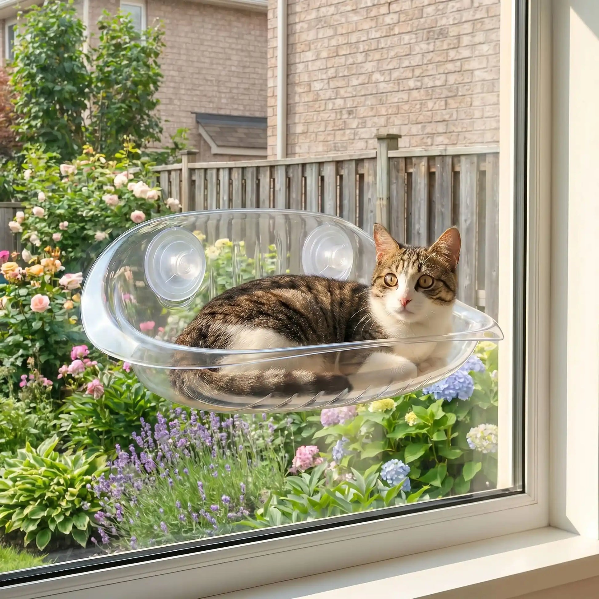hamac fenêtre chat transparent avec chat curieux jardin 