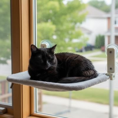 hamac pour chat fenêtre fourrure grise avec chat noir 