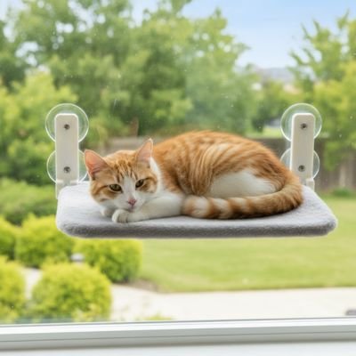 hamac pour chat fenêtre fourrure grise avec chat roux