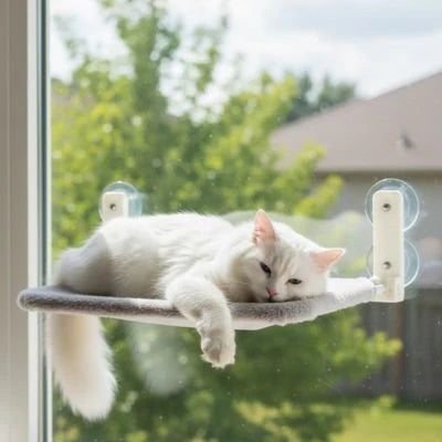 hamac pour chat fenêtre tissu peluche avec chat blanc