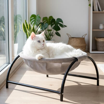 hamac pour chat sur pieds chat allongé curieux 