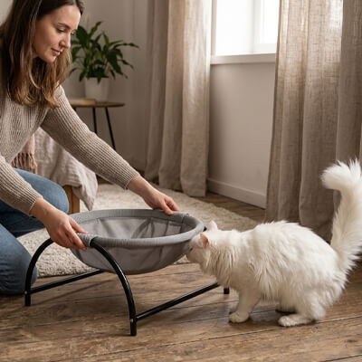 hamac pour chat sur pieds femme chat blanc 