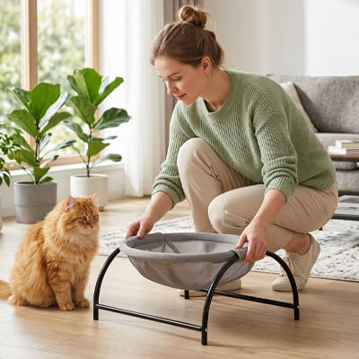 hamac pour chat sur pieds femme chat roux 