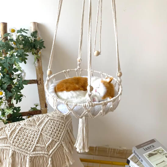 hamac pour chat suspendu style bohème avec chat qui dort 