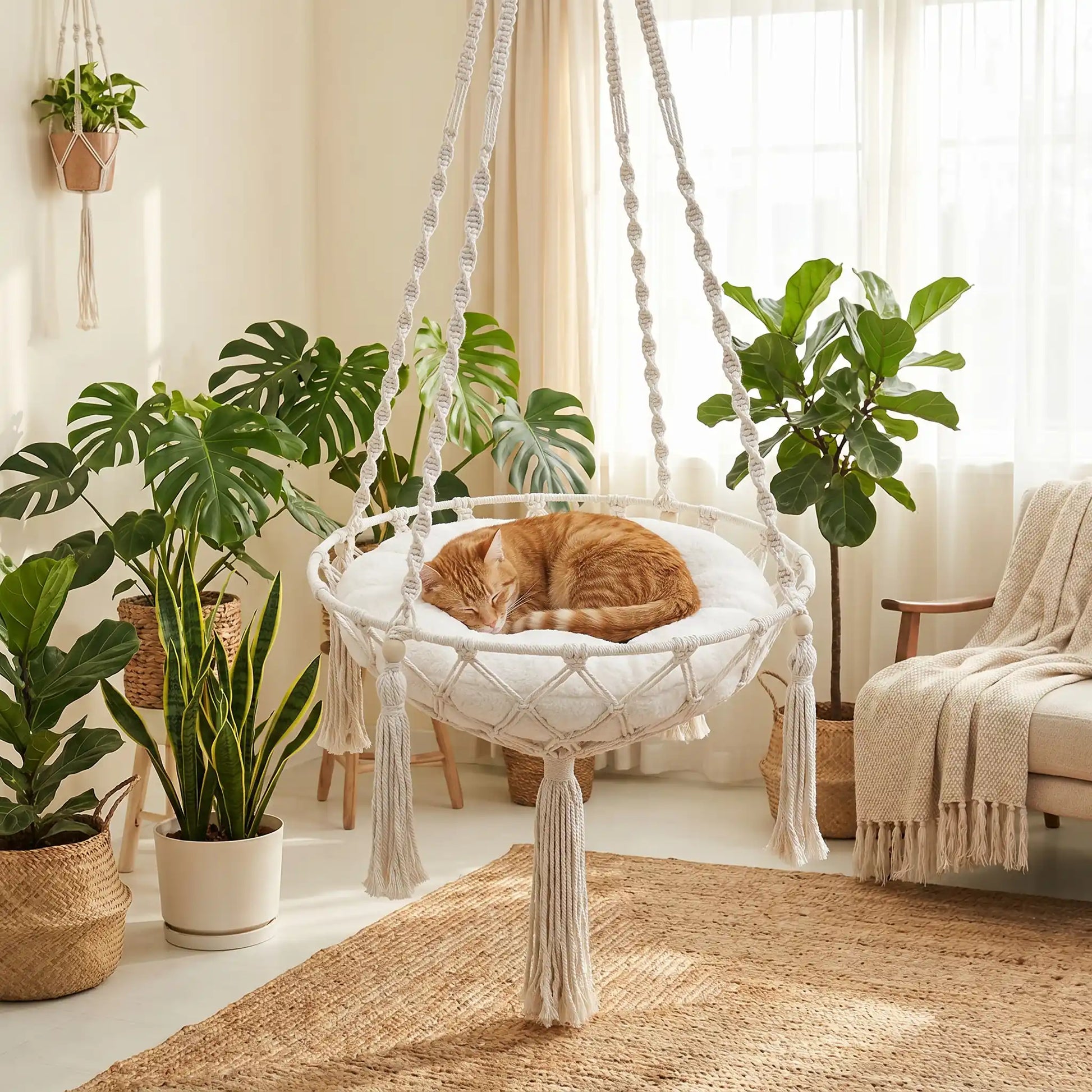 hamac suspendu pour chat avec coussin style bohème 