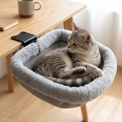 hamac suspendu pour chat bureau avec chat allongé