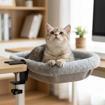 hamac suspendu pour chat bureau avec chat curieux 