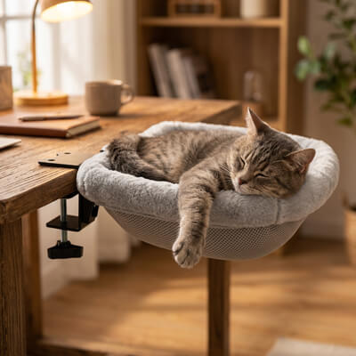 hamac suspendu pour chat bureau avec chat endormi 