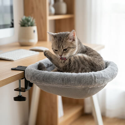 hamac suspendu pour chat bureau avec chat faisant toilette