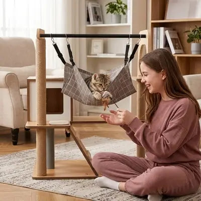 hamac suspendu pour chat gris carreaux tissu été