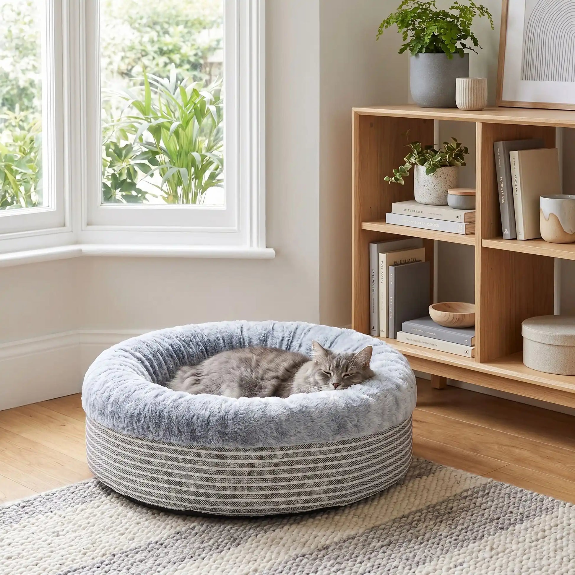 lit chat fond rond gris avec chat posé