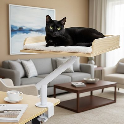 lit chat rotatif en bois avec chat calme