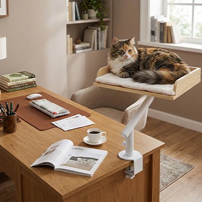 lit chat rotatif en bois avec chat détendu