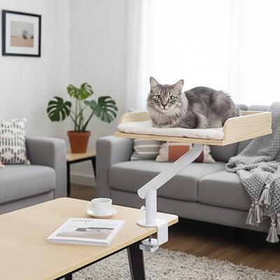 lit chat rotatif en bois avec chat tranquille