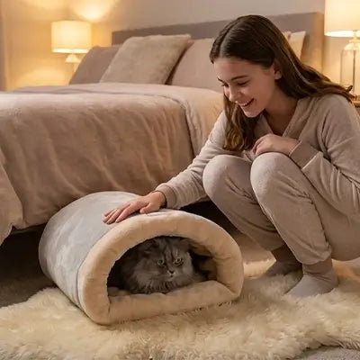 lit chat sac couchage gris humain chat chambre 