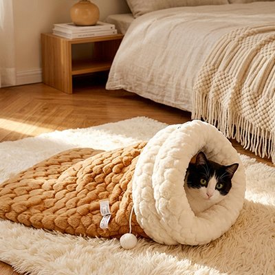 lit chat sac de couchage brun avec chat allongé