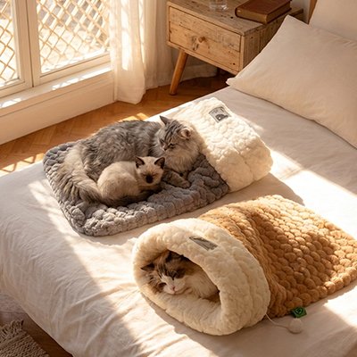 lit chat sac de couchage gris et brun doux