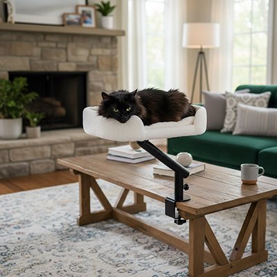 lit chat suspendu rotatif couchette blanche avec chat détendu 