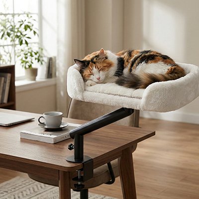 lit chat suspendu rotatif couchette blanche avec chat endormi