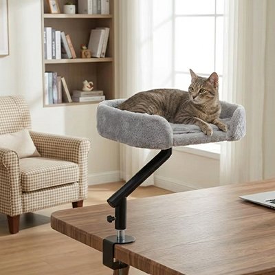 lit chat suspendu rotatif couchette grise avec chat allongé